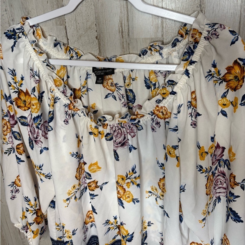 SIGNATURE STUDIO 2X Blue Tunic Top 3/4 Sleeve Length Boho Floral print - Picture 2 of 13